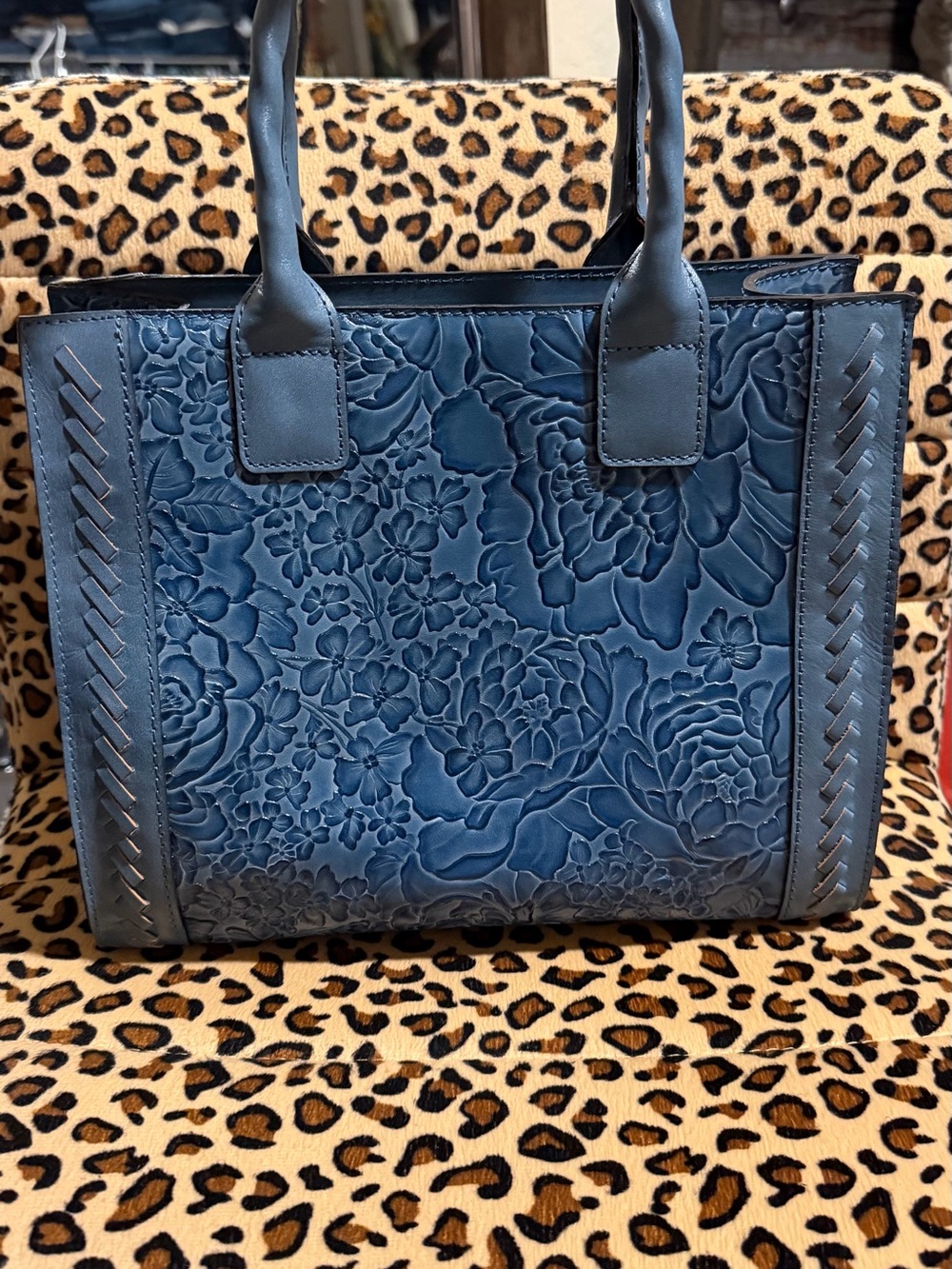 Embossed Floral Leather Tote Bag - Blue